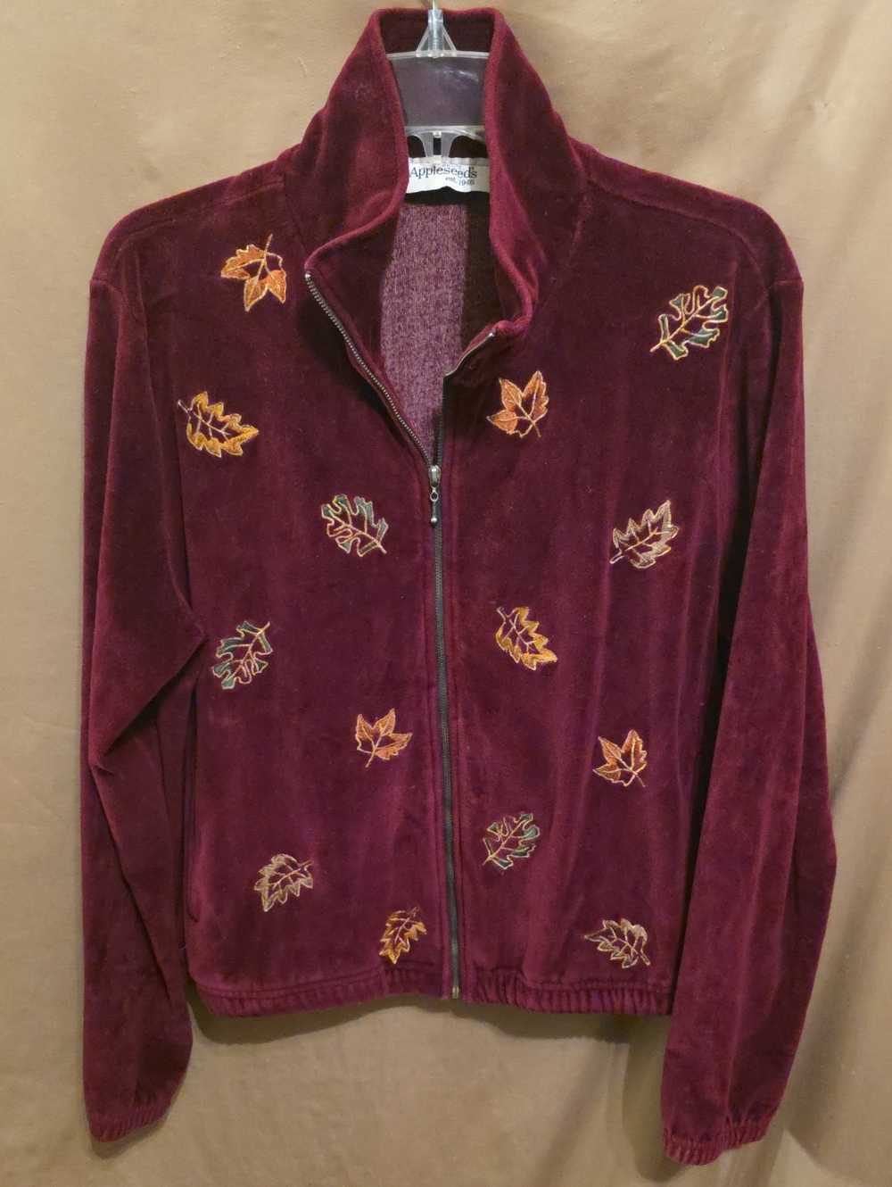 Ladies' Burgundy Embroidered Leaf Zip-Front Jacket PL